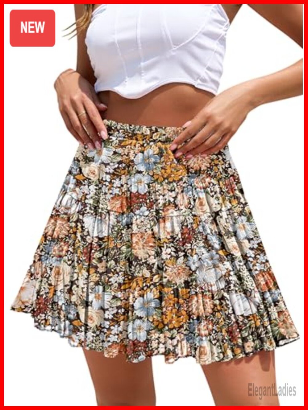 Boho Floral Flowy Mini Skirt Chiffon High Waist Tiered Pleated Short Skirt